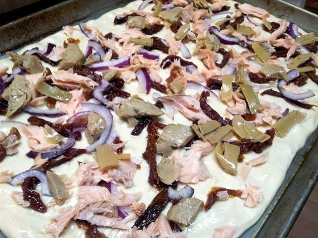 Smoked salmon pizza recipe half prepared