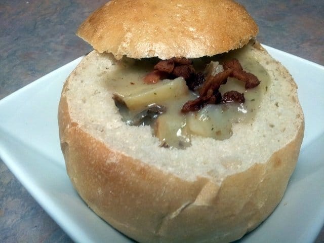 Soup filled homemade bread bowl