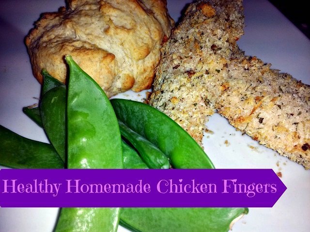 Homemade chicken fingers with snow peas and biscuit