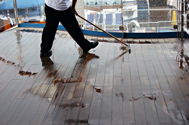 The crew were constantly squeegeeing water off the decks