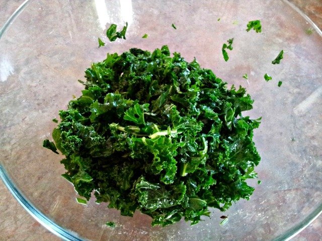 After massaging, the kale takes up much less room in the bowl