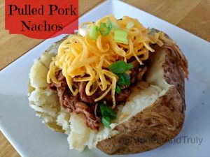 Fully loaded baked potato with pulled pork. These fun pulled pork nachos are naturally gluten free and easy to make! #nachos #pulledpork #potatoes #glutenfree