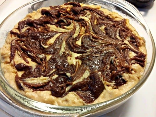 Mocha topping mixed into coffee cake batter