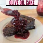 Image shows ready to eat chocolate olive oil cake.