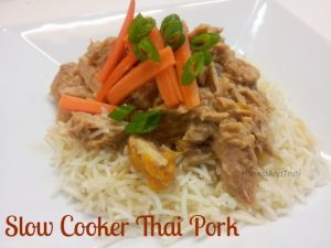 This simple crock pot recipe is a perfect comfort food. Thai pork is a great fix for when you don't want takeout. Enjoy all the flavor at a fraction of the cost! #thai #crockpot #pork #dairyfree