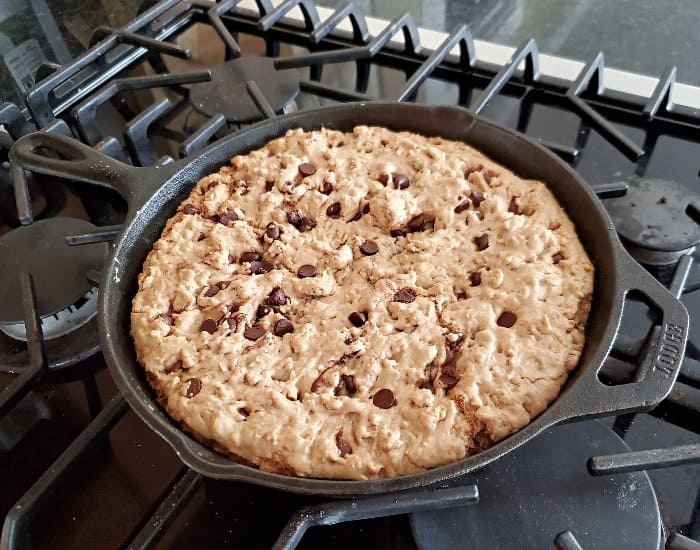 Bake chocolate chip skillet cookie until cracked