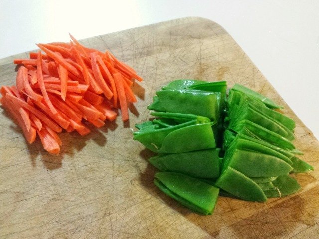 Carrots and snow peas ready to add to cashew chicken