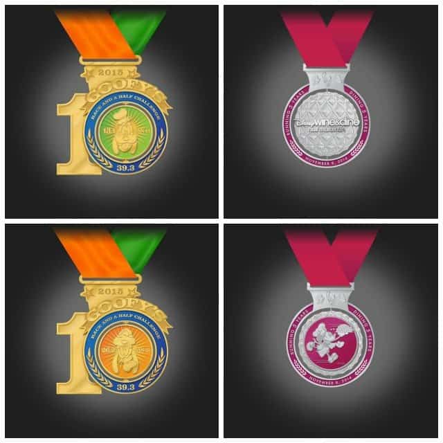 Run Disney medals for 2014 Wine and Dine half marathon and 2015 Goofy Race and a Half Challenge