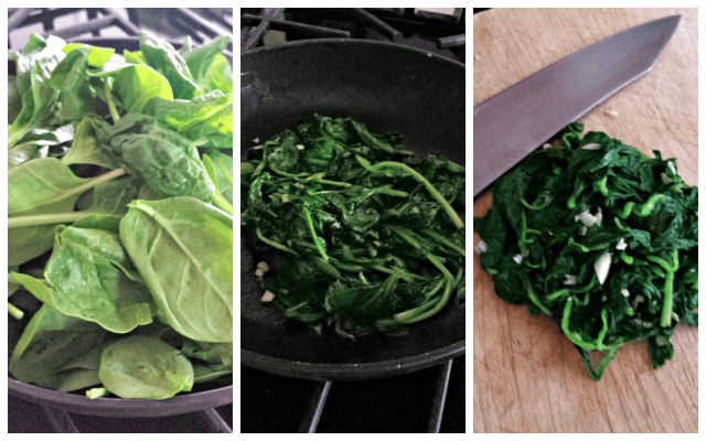 Prepping your spinach for the calzones, and it will be amazing how much it wilts