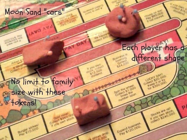 Lost your game pieces? Use Moon Sand or Silly Putty to make your own tokens!