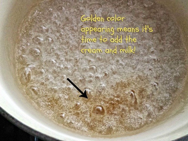 When your sugar turns light golden brown, start adding your cream