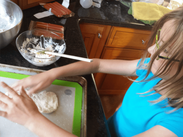 Making the dough layer for cheesy stuffed bagel dogs