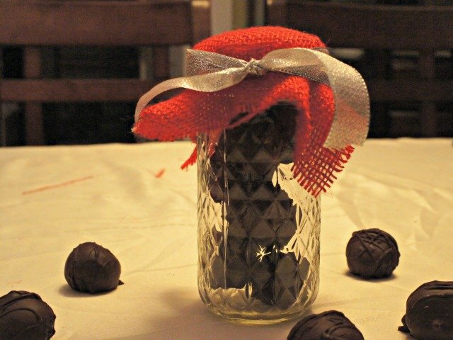 Truffles in a mason jar wrapped in burlap