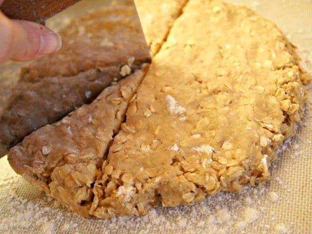 Use a board scraper to cut mocha scones