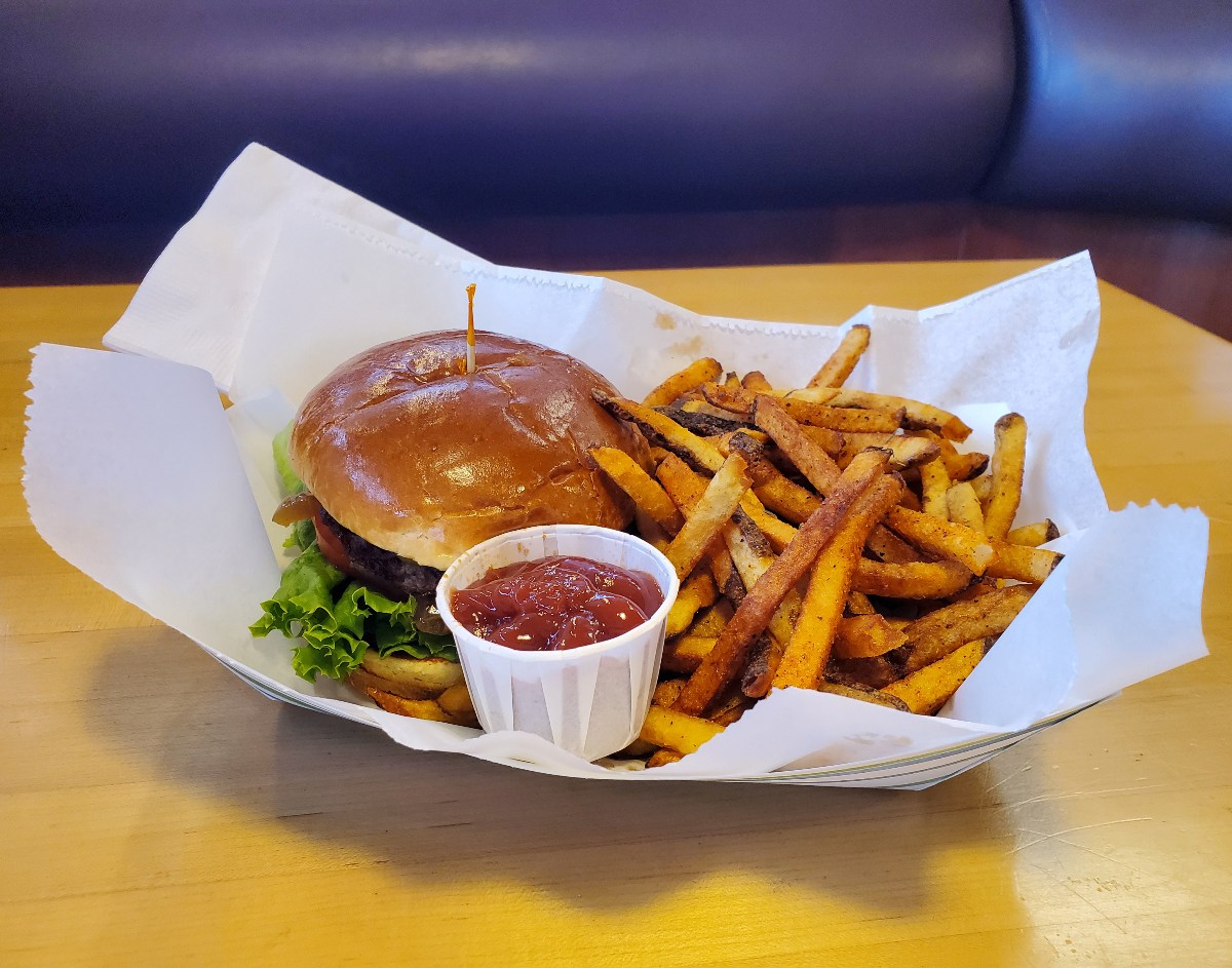 Meatheads burger basket with french fries and ketchup