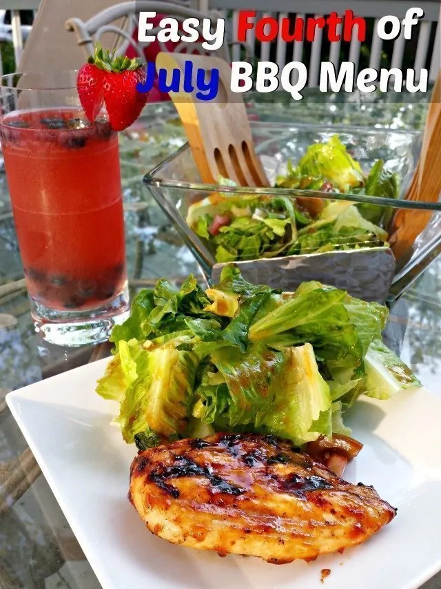 Perfect Fourth of July BBQ Menu Ideas and Recipes. Red white and blue lemonade, bbq chicken on the grill, homemade bbq sauce salad dressing and salad, and chocolate bark s'mores to finish off the meal!