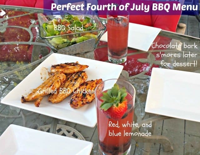 Perfect Fourth of July BBQ Menu Ideas and Recipes. Red white and blue lemonade, bbq chicken on the grill, homemade bbq sauce salad dressing and salad, and chocolate bark s'mores to finish off the meal!