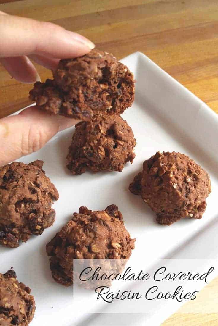 Chocolate covered raisin cookies aren't really chocolate covered, but the cocoa powder addition to this oatmeal raisin cookie recipe meant they needed less sugar but taste amazingly decadent and are super easy to make