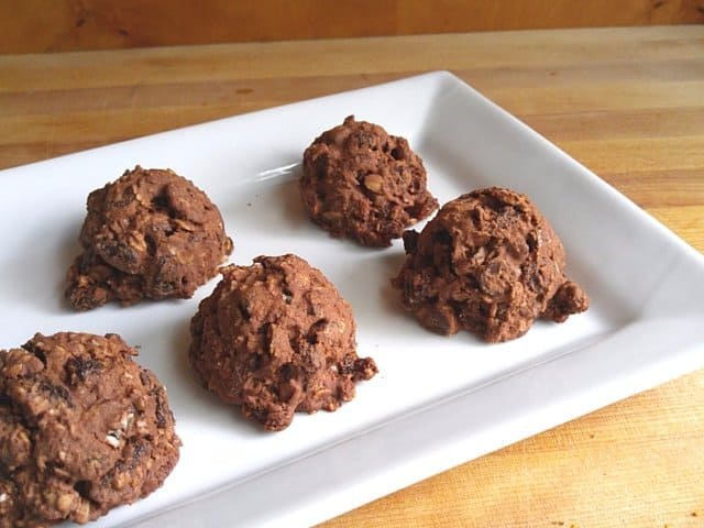 Plate of chocolate covered raisin cookies