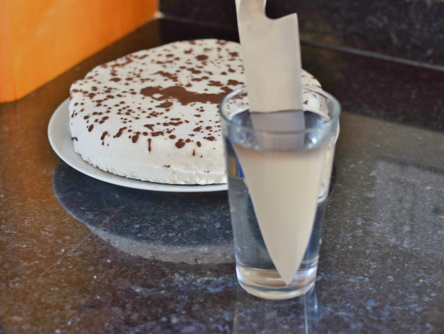 Cut ice cream cakes with a knife dipped in hot water