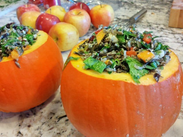 Serve harvest quinoa salad in a pumpkin