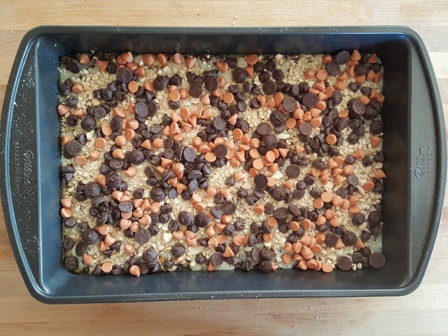 Add chocolate and butterscotch chips to gluten free magic dream bars