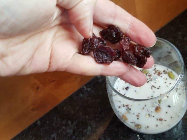 Add dried cherries to cereal and milk