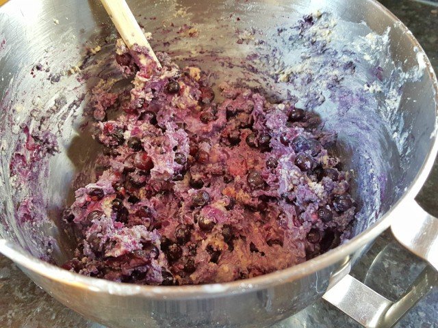 Batter for mini blueberry struesel coffeecake is very thick