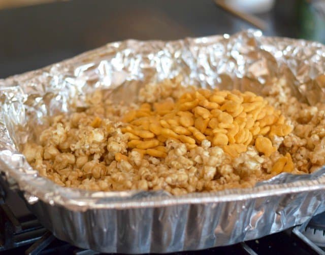 Add Goldfish crackers to caramel popcorn