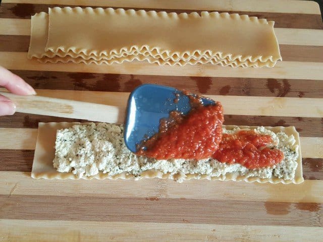 Add ingredients to noodle leaving a little off the edge
