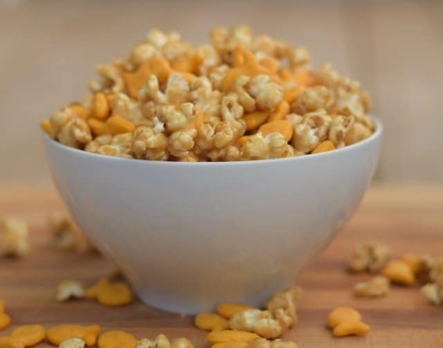 Enjoy a bite of cheesy caramel corn