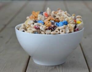 Perfect after school snack of white chocolate party mix with pretzel Goldfish crackers