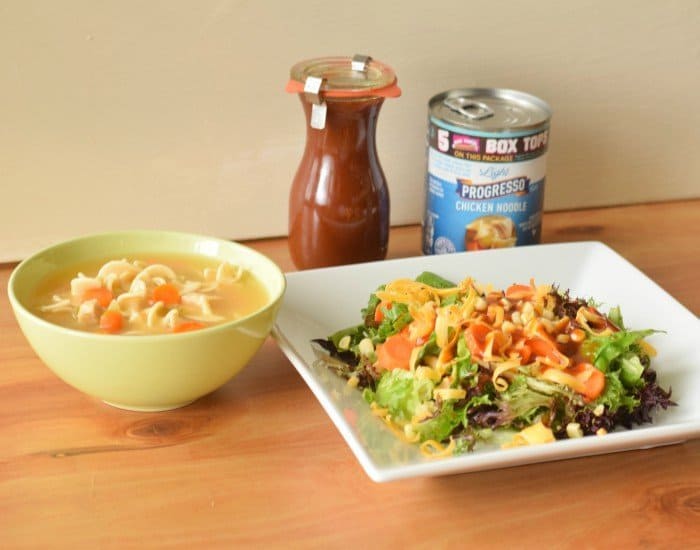 Delicious weeknight dinner of soup and salad with homemade bbq vinaigrette