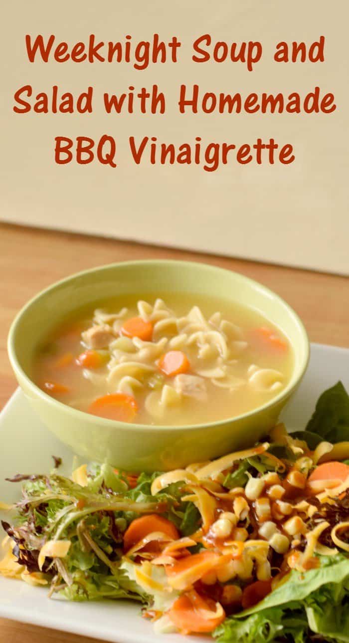 Weeknight soup and salad dinner with homemade bbq sauce vinaigrette recipe. Gluten free and dairy free, plus kid tested and approved. Finally get your kids to enjoy salads!