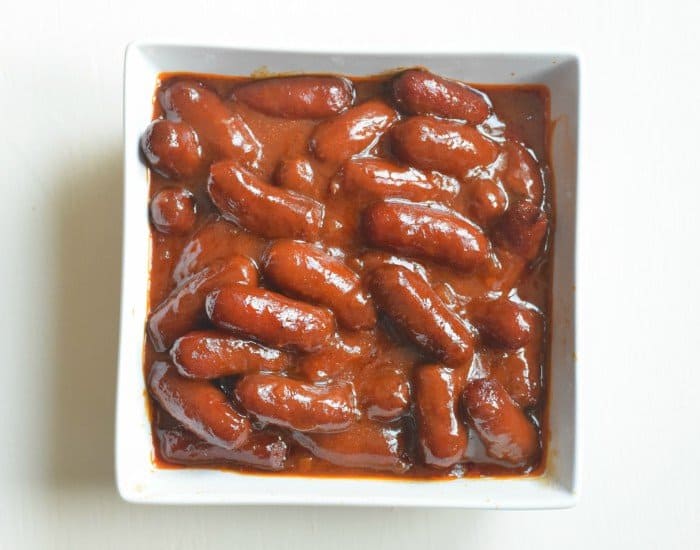Bowl of bbq bourbon little smokies
