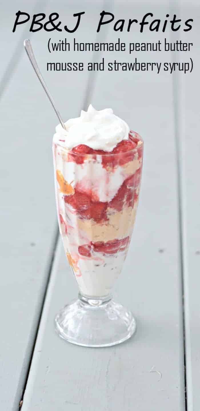 Perfect summer dessert for entertaining. Make this homemade PBnJ Parfait recipe with a simple homemade peanut butter mousse and strawberry syrup. Kid-friendly recipe that's great for your summer BBQ entertaining.