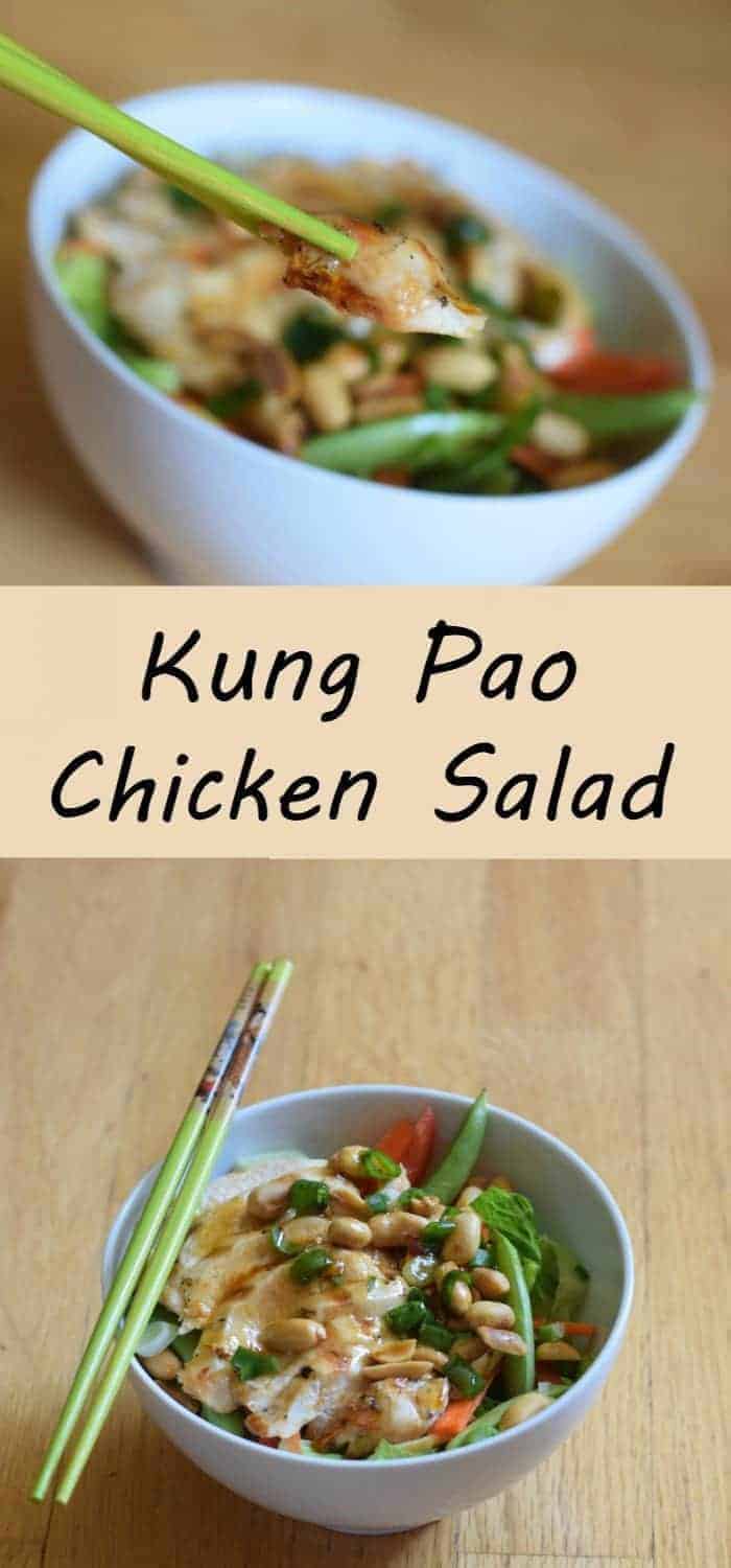 Delicious and simple kung pao chicken salad recipe for summer. Light recipe with minimal effort for a healthy weeknight dinner. Make ahead and dress before serving for a bbq or other entertaining.