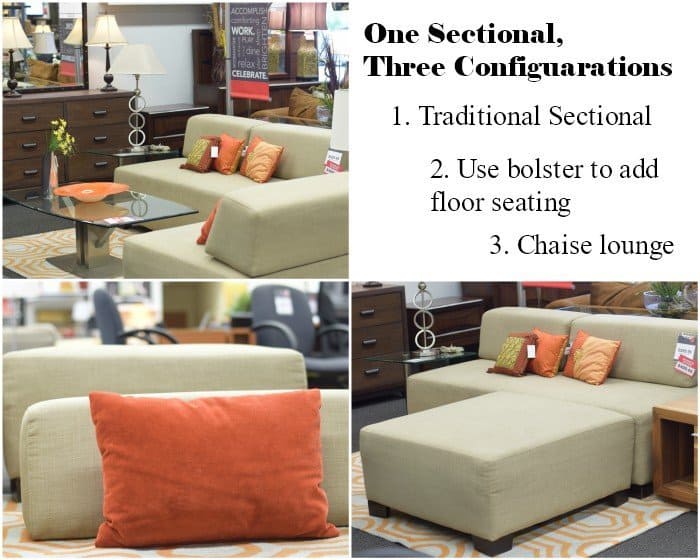 One sectional with three configurations to add flexibility for basement entertaining