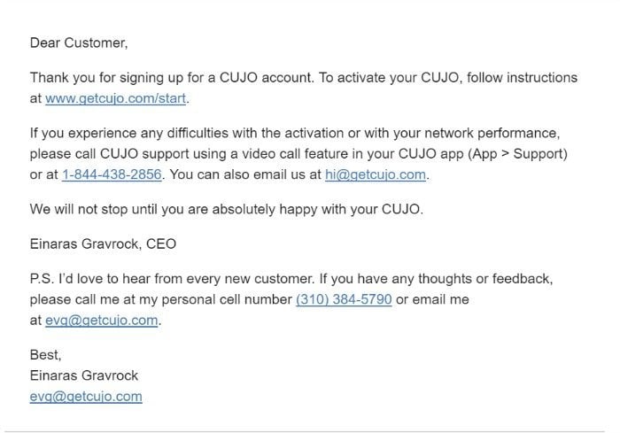 Cujo welcome email