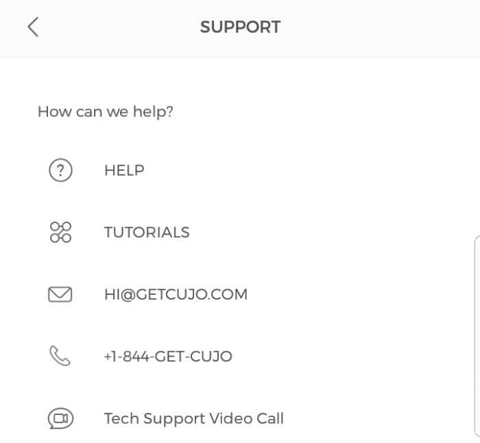 Support options on CUJO app