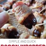 Image shows ready to cook bacon wrapped dates.