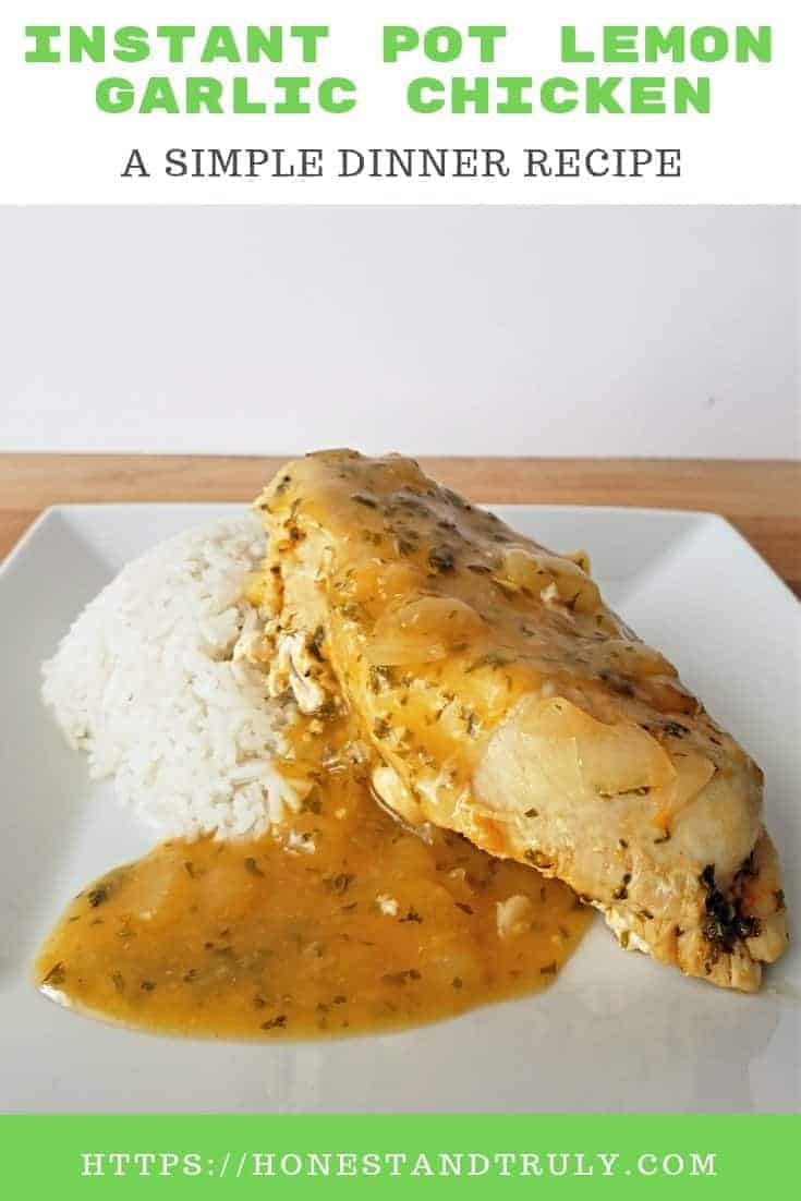 Enjoy this simple Instant Pot lemon garlic chicken recipe for dinner tonight. It's ready in less than an hour and a perfect changeup to the usual chicken dinner. Bonus? It's gluten free and dairy free, so it's perfect to serve to guests. #glutenfree #instantpot #lemon #chicken