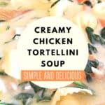Closeup of chicken tortellini soup in a green pot with text creamy chicken tortellini soup simple and delicious.