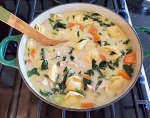 Full pot of creamy chicken tortellini soup