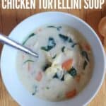 Overhead of a bowl of tortellini soup