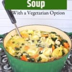 Pot of soup sitting on a table with a ladle