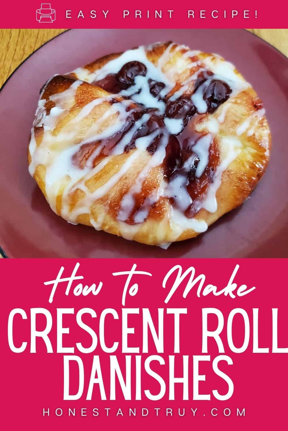 Closeup of a danish with text how to make crescent roll danishes.