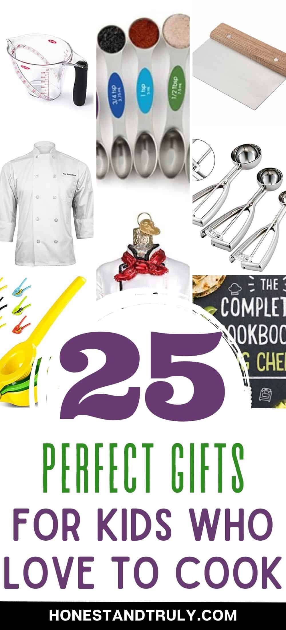 Gifts for kid chefs with text 25 perfect gifts for kids who love to cook.