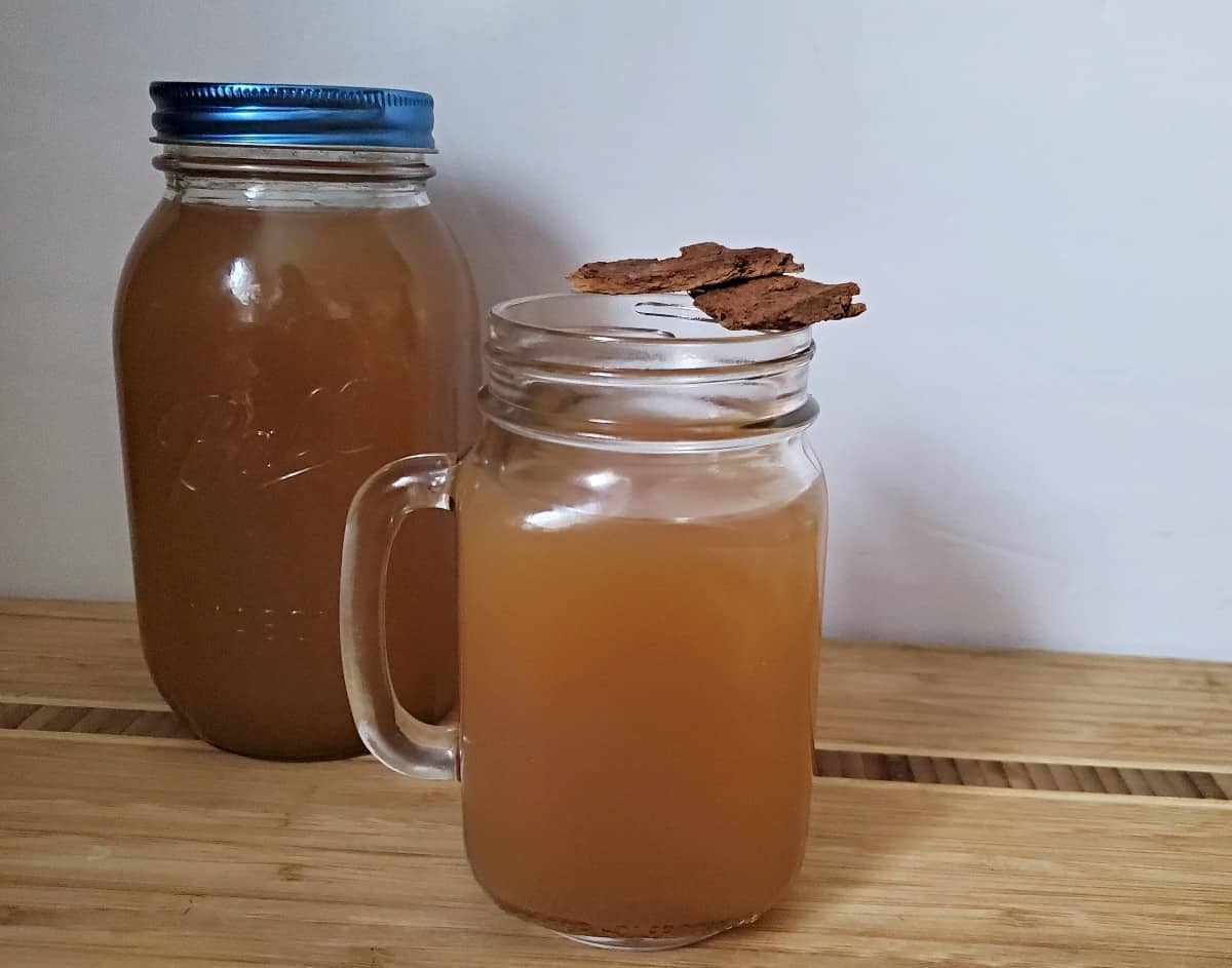 Mug of hot apple cider cocktail with cinnamon sticks and a jar of more behind it.