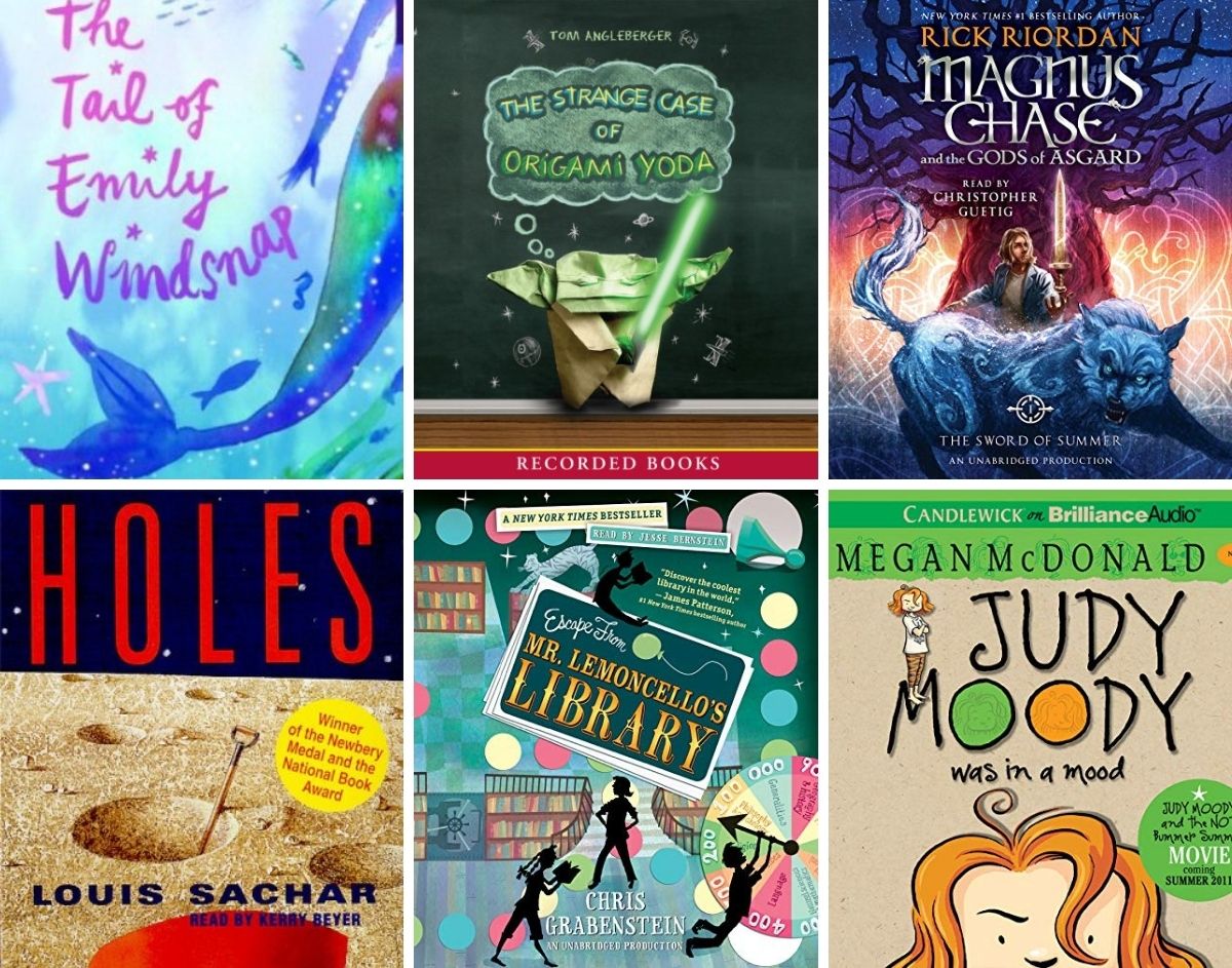 Collage of six audiobook covers: The Tale of Emily Windsnap, The Strange Case of Origami Yoda, Magnus Chase, Holes, Escape from Mr. Lemoncello's Library, and Judy Moody.